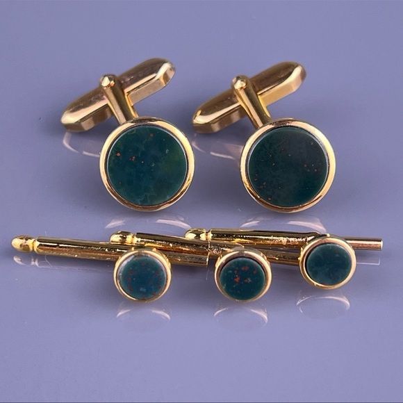 Green Bloodstone Gold Plated Cufflinks Tuxedo Shirt Stud...